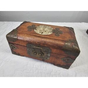 Vintage Wood Brass‎ Jade Jewelry Box Carved Jade Inlay Shanghai green Silk